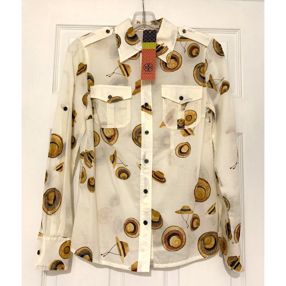 NWT Tory Burch Brigitte Button‎ Up Blouse Shirt Top Hats sz 2 $195 Cotton